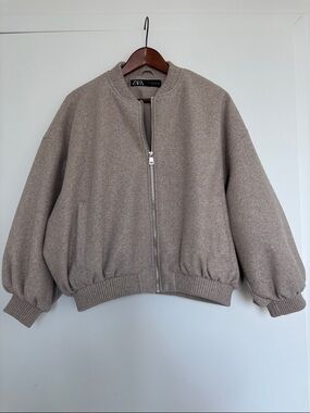 ZARA Taupe/Greige Cropped Bomber Jacket